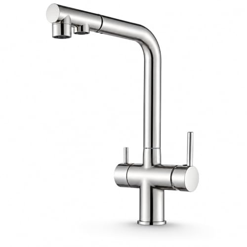 VENOM Rubinetto da cucina a 3 vie con doccetta estraibile, tubo separato per acqua potabile filtrata, uscita girevole a 360°, 2 getti, cartuccia in ceramica, corpo in ottone (acciaio