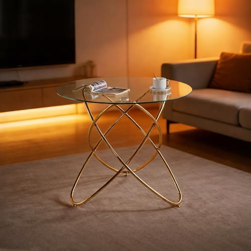 LLGWGL Mesa de comedor redonda de cristal de 80 cm con patas de metal, moderna mesa de cocina para 2-3 personas (transparente + dorado)