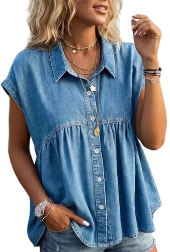 Camisa Vaquera Abotonada para Mujer | Diseño Babydoll Peplum | Solapa y Manga Corta | Blusa Casual de Mezclilla | Estilo Veraniego, Fluido y con Volantes