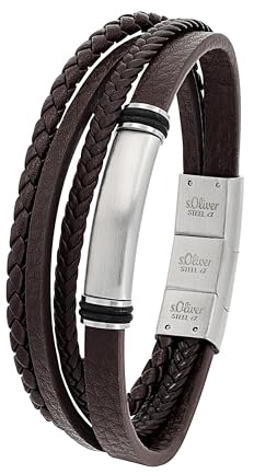s.Oliver Armband für Herren, Gravierbar, Leder / Edelstahl, Braun, Länge: 20-21,5 cm