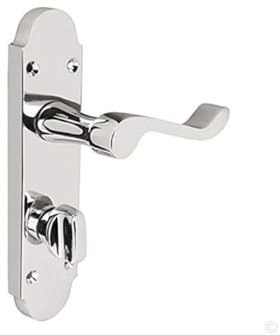 HANDLESTORE Shaped Scroll Bathroom Door Handle with Hinges – Polished Chrome Lever Handles on Backplate with Spindle & Screws (Handles Only)
