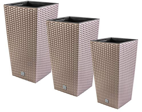 PAFEN 3in1 Set 3X Blumentopf Blumenkübel Rattan-Optik 4 Farben Pflanztopf inkl. Einsatz (Mocca)