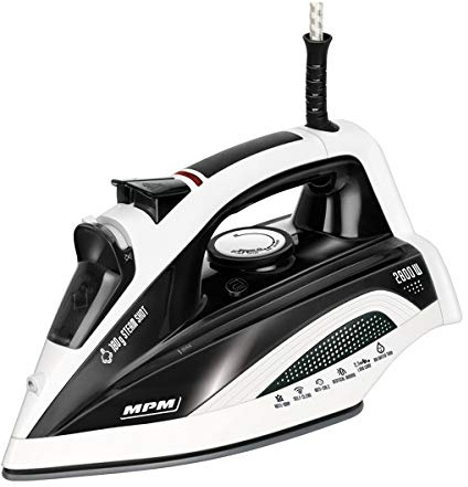 MPM MZE-21/C Fer à Repasser, Semelle en céramique, Repassage Vertical, Coup de Vapeur, Nettoyage Automatique, Anti-Goutte, fonctionnalités, réservoir 400 ML, 2800 W, Blanc/Bleu