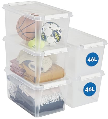 SmartStore Aufbewahrungsboxen 5er-Set 46L I Stapelbare Kunststoffbox mit Deckel I BPA-frei & lebensmittelecht I Organizer für Campingbus, Werkstatt oder Garage I durchsichtig und mit Clipverschluss