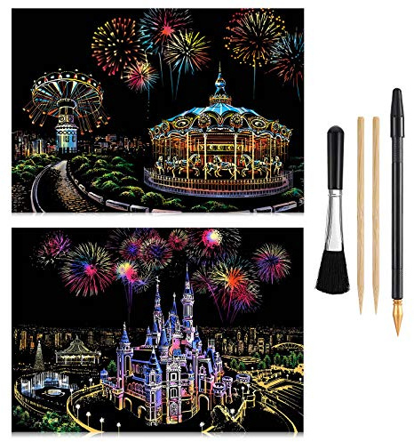 Scratch & Engraving Arts Paper(16x11.2) for Teens & Adults, Rainbow Sketch Painting Landscape Scratchboard, Craft Kits : 2 Pack with 4 Tools - Drawing Pens, Brush(Castle/Amusement Park)