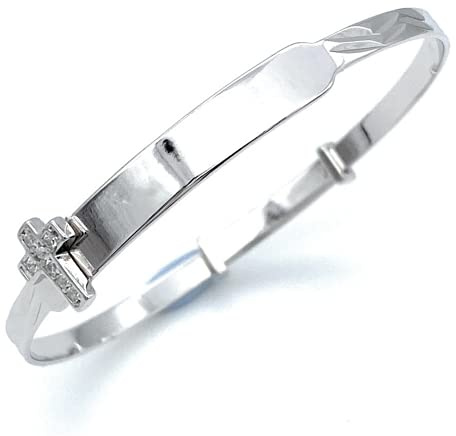 British Jewellery House Braccialetto rigido per neonato, battesimo, compleanno, regalo per battesimo, per ragazze, in argento Sterling 925 massiccio, con croce identificativa, 14 cm, in argento