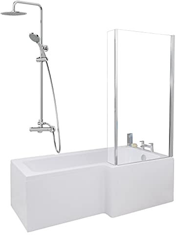 1700 x 855mm Right Hand L Shaped Shower Bath Bathroom Bathtub Glass Shower Screen Front End Panel & Thermostatic Mixer Shower Set Handheld Chrome Round Rainfall Head