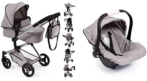 Bayer Design 18410AA Kombi Puppenwagen Vario mit Wickeltasche und Einkaufskorb, grau & 67910AA Puppen-Autositz EasyGo, Puppenzubehör, passend zu Vario-Puppenwagen, mit Abdeckung, grau mit Krone