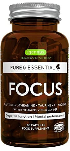 Igennus Focus - Nootropic Brain Supplement for Concentration with Methylated B-Vitamins, Taurine, L-Tyrosine, L-Theanine & 200mg Caffeine, Zinc and Copper, 60 Capsules