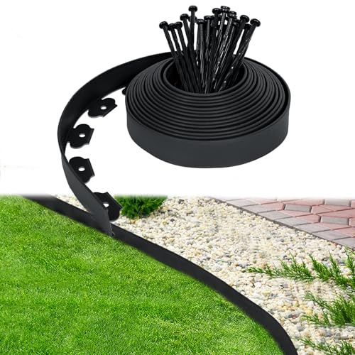 YUENFONG Beeteinfassung Rasenkante aus Kunststoff Flexible Beetumrandung Mähkante Palisade mit 60 Erdanker Länge 20m, Anthrazit