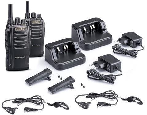 Midland BR02 Pro Z C1524, 2 Radio-Transceiver, professioneller Walkie-Talkie mit 32 Kanälen PMR446, 2 MA-21LKI Kopfhörer, 2 Gürtelclips, 2000 mAh Akkus bis zu 24 Stunden, Schwarz