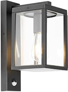 Qazqa Industrie außen Wandleuchte, Außenlampe mit Bewegungssensor, Wandlampe für den Garten - Charlois - Schwarz, max. 40W, Geeignet für LED, 14cm, IP44, Rechteckig