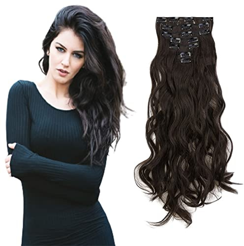 Cybelleza Clip in Extensions Haarverlängerung Haarteil wie Echthaar 7Stücke 16Clips Gewellt Lang Günstig Haarverdichtung Synthetische Haare 50cm (Mittel braun)