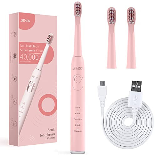 SEAGO SG-2303 Pink Sonic Toothbrush, 700 mAh Battery, 5 Modes, 3 Tips