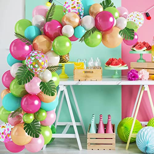140 Pcs Hawaiian Tropical Balloon Arch Garland Kit, Hot Pink Green Balloon Party Decoration Set, Confetti Latex Balloon Flamingo Palm Leaves for Birthday Summer Beach Wedding Decoration