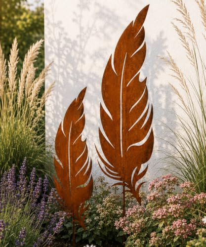 Terma Edelrost Feder Set XXL 134 cm & 110 cm Gartenstecker aus Metall Wetterfeste Gartendeko für draußen Rost Deko Garten Handgefertigt Made in Germany