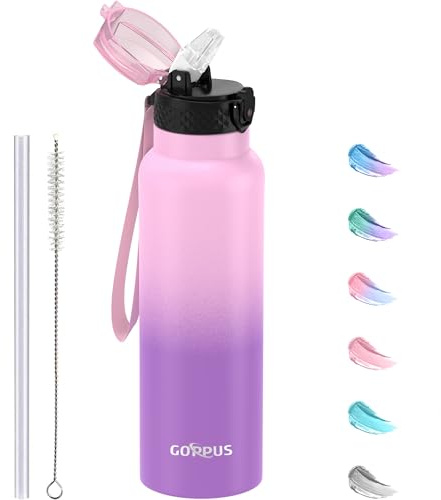 GOPPUS 750ml/26oz Stainless Water Bottle with Straw Double Wall Insulated Bottles with Strap Reusable Vacuum Thermal Flask Leakproof Keep Cold Drinks Bottles with Flip Top Lid for Men Women BPA Free