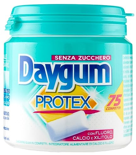 Daygum Protex Chewing Gum, Barattolo da 75 Gomme da Masticare, con Fluoro, Calcio e Xilitolo, Senza Zucchero, Confenzione da 8