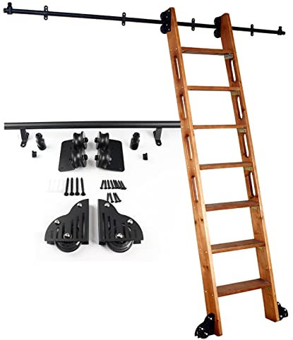 WhfPs Schiebetür-Hardware-Kit | Bibliotheks-Rollleiterschienen-Hardware, 1 m, 2 m, 3 m, 4 m, 5 m, 6 m | Rundrohr-Kohlenstoffstahlschlitten | Gleitschiene für Laufrollensystem, mit Rädern (ohne Lei