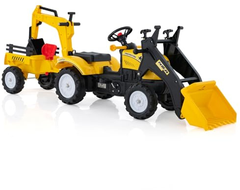COSTWAY 3 in 1 Escavatore per Bambini, Trattore con Rimorchio Staccabile Cavalcabile per Bambini, con 6 Ruote e 2 Benne, per 3-6 Anni (Giallo)