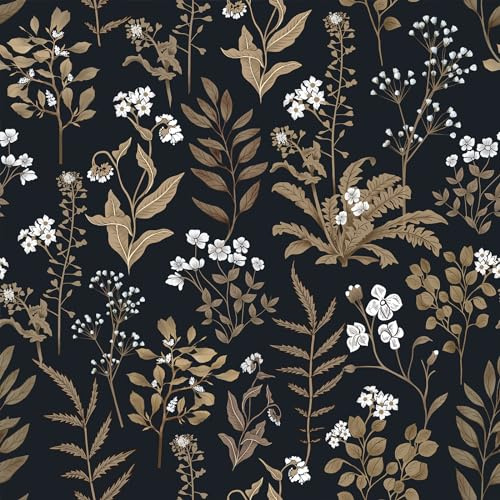 Hode Papier Peint Autocollant Rouleau Adhesif Mural Meuble, Revetement Film Adhesif Meuble Cuisine Decoratif, Papier Peint Vert Vintage Tropical Feuillage Fleuri Motif Floral Noir 44×300cm