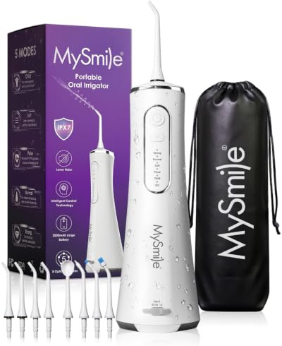 MySmile LP211 Tragbare Wasserseide, kabellos für Zähne mit 8 Spitzen, 260 ml Power-Zahnseide für Erwachsene und Kinder, wiederaufladbare Munddusche mit 5 Modi, IPX7 Wasserseide, Zuhause und Reisen