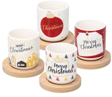 Avilia Juego de 4 tazas con plato de madera y decoración navideña – Juego de tazas de té navideñas con posavasos de madera, porcelana y madera, tazas de 200 cc