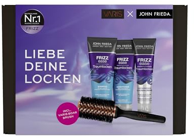 John Frieda Set de rizos de ensueño Varis Frizz Ease – Contenido: champú, 250 ml/acondicionador, 250 ml/crema definitiva para rizos, 150 ml/cepillo Varis Boar Brush – inspirado en estilistas