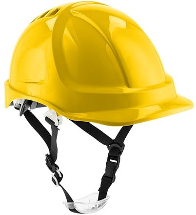 HÖGERT TECHNIK - Schutzhelm PLONER gelb, Bauhelm aus ABS, EN 397, Ratschensystem, Belüftung, Kinnriemen, Arbeitshelm für Baustelle & Industrie, Sicherheitshelm verstellbar