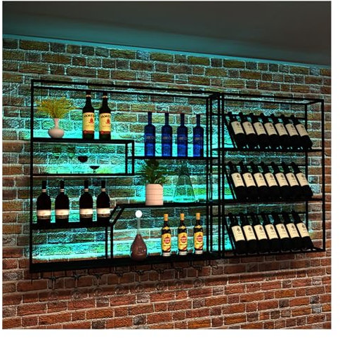 AKOGG Botellero Vino Metálico con Luz LED,Botellero Pared,Estantería Colgante De Pared para Whisky,Estante para Vinos De Hierro,Organizador De Vino Presentación para Bar,Cocina,Hogar,Comedor,Vinoteca