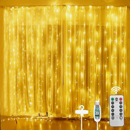 FIYSON LED Lichtervorhang, 200 LEDs, USB Vorhang Lichterkette mit 10 Haken, 10 Helligkeit,8 Modi Fernbedienung,IP65 Wasserfest, für Weihnachten Hochzeit Party Fenster Wand Balkon Deko (Warmweiß, 3x2m)
