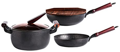 Olla para cocinar, sartén, Juego Utensilios Cocina Hierro Antiadherente Resistente, woks Chinos y sartenes antiadherentes para saltear con Tapa, Juego sartenes para cocinar