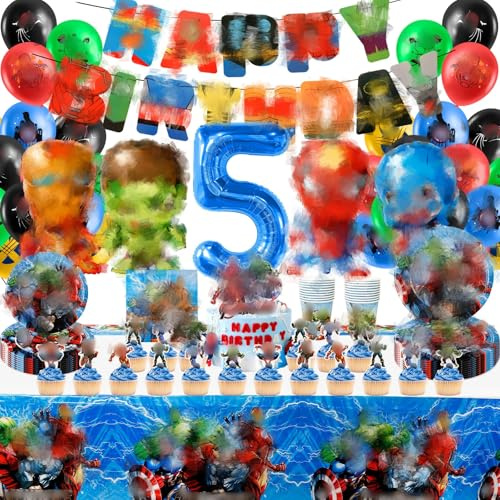 Geburtstagsdeko 5 Jahre Junge, Geburtstag Deko Luftballons, Geburtstag Ballon Teller und Becher Set Nummer 5 Kindergeburtstag Deko und Folienballons für Party Birthday