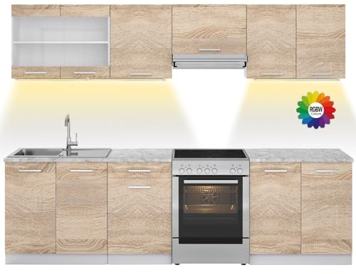 Vicco Küchenzeile Raul, Sonoma, 270 cm | AP Marmor mit LED-Leisten, mit variabel stellbaren Modulen und höhenverstellbaren Füßen