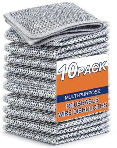 VIZAG Wire Dishwashing Rag for Wet and Dry, Non Scratch Wire Dishcloth, Double Stainless Steel Scrubber, Multipurpose Wire Dishwashing Rags for Cookware, Sinks, Dishes, (10)