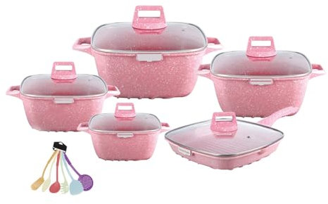 HJZSZX Cast Aluminum Pots and Casseroles Beat Set Non Stick Deep Fryer Frying Pans Cooking Cookware Gas Cooker 17Pcs,Pink,17 pc