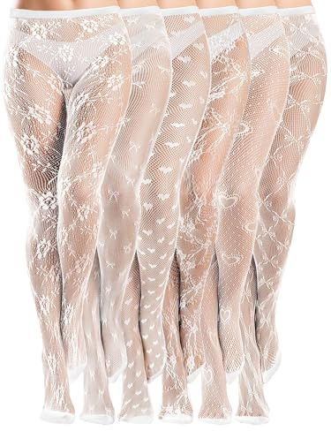 Bencailor 6 Pares Medias de Rejilla hasta Muslo para Mujer Leggings de Rejilla con Encaje Estampado con Lazo(Blanco,M)