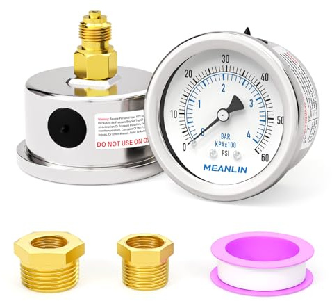 MEANLIN MEASURE 0~60Psi/0~4BAR Dry Pressure Gauge Stainless Steel 1/8 BSP 2 FACE DIAL Waterproof for Well Pump Water Tire Water Pressure Tester Back Mount, with 1/4 BSP and 3/8 BSP Hex Bushing