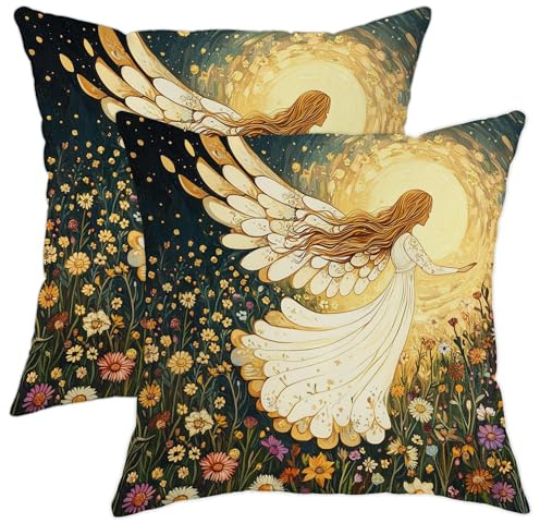 Juego de 2 fundas de almohada con diseño de alas de ángel, fundas de cojín de fantasía floral doradas, fundas de almohada decorativas inspiradas en la naturaleza para sala de estar, sofá, dormitorio