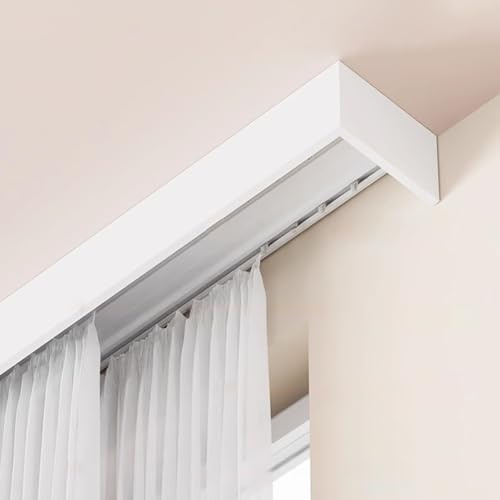 gardinenschiene vorhangschiene Doppelte Gardinenschiene Mit Querbehang, Decken- Oder Wandmontage Gardinenkästen Fürs Wohnzimmer, Weißes, Verdecktes Doppel-Gardinenschienensystem, Sonderlänge(Ceiling M
