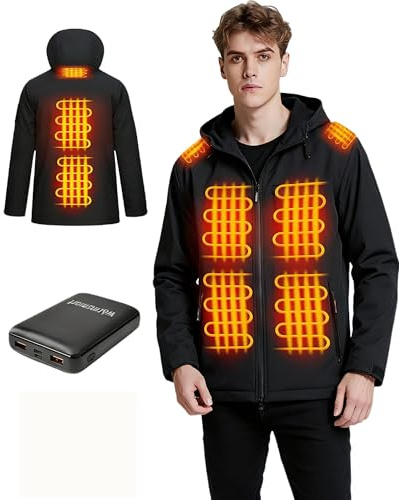 warmsmart Herren Beheizbare Jacke, Beheizbarer Hoodie mit Akku, Wasserdicht Winddicht warm Beheizte Jacken für Outdoor Wandern Jagd Motorrad