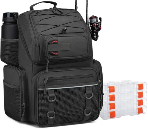 FRETHIND Sac à dos de pêche avec 4 boîtes, 50 l, sac de pêche avec compartiment isotherme et porte-canne, imperméable, accessoires de pêche, sac à dos pour pêche, camping, randonnée, Noir, L, Tactique