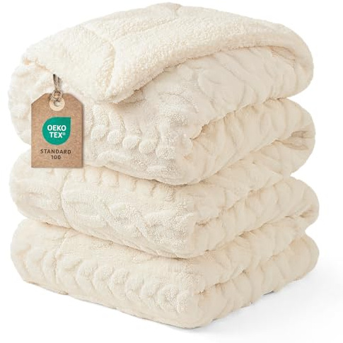 PHF Sherpa Fleecedecke Flannel Kuscheldecke 152x203cm, Oeko-TEX® Zertifiziert super weiche Wohndecke, 510GSM getufteter Jacquard luxuriöse Ästhetische Blanket für Couch Sofa Bett, Creme