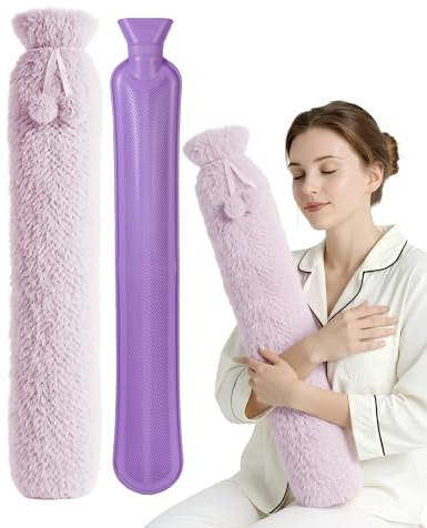 KEPLIN Extra Long 2L Hot Water Bottle with Super Soft Fleece Cover, Durable Natural Rubber, Long Lasting Warmth for Neck, Back & Body, Winter Comfort (Lilac)