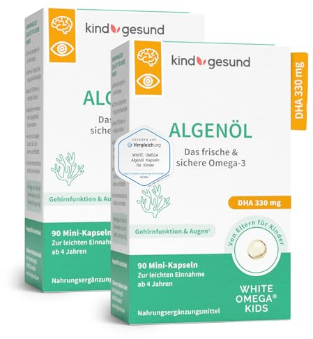 Omega 3 Kinder - 330 mg DHA pro Tagesdosis - Omega 3 vegan aus Algenöl - ohne Fischgeschmack - zuckerfrei - Algenöl Kapseln für Kinder - 180 Mini Pearlz - 100% vegan - White Omega Kids (180 Kapseln)