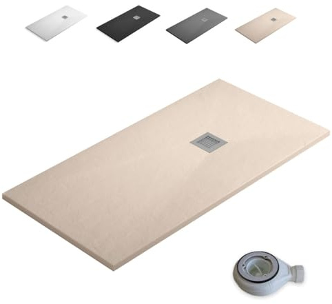 Plato de Ducha de Resina Extraplano Antideslizante | Valvula de Desague y Rejilla | Pizarra Suave | Beige | 80 X 180 cm