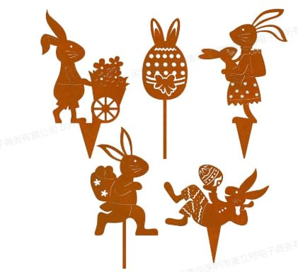SPERMUOY Osterdeko Outdoor Gartenstecker,5er Osterstecker Outdoor Ostern Rost Blumenpott deko für Draußen,Rost Metall Osterdeko Hasen Roststecker für Ostern und Frühling Gartendeko