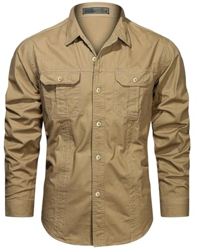 Hombre Camisas de Trabajo de Algodón, Ropa de Militar de Manga Larga con Botones,Cargo Shirts, 2 Bolsillos, Regular Fit para Pesca, Tala, Senderismo, Caza，Caqui，S