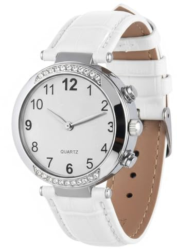 Orologio da polso parlante con voce tedesca, ora e data, orologio al quarzo con cinturino in pelle, bianco, per ipovedenti e anziani