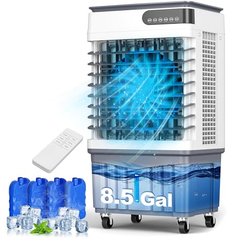 Swamp Cooler - Aire acondicionado evaporativo 4 en 1 con tanque de agua de 8.5 galones, 4 paquetes de hielo, control remoto, temporizador de 12 horas, oscilación de 120°, ventilador de refrigeración
